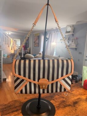 henri bendel Black and White Striped Envelope Clutch with Tan Trim